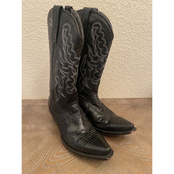 King Exotic Men's BLACK SNIP TOE GENUINE Lizard WESTERN COWBOY BOOT Size 7.5 - Picture 2 of 5